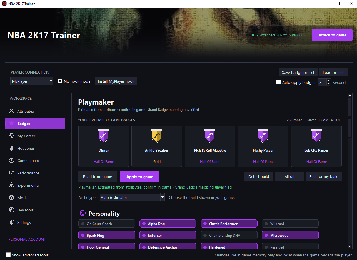 Badges tab of the trainer with Hall of Fame badge presets