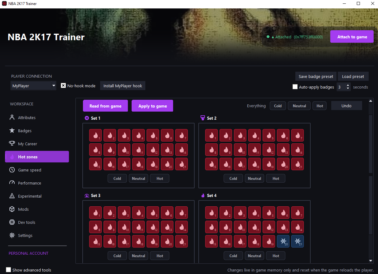 Hot zones tab showing shot zone sets